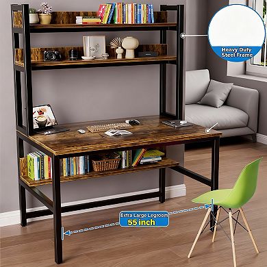 55" Rustic Brown Desk with Hutch, Extra Storage, Easy Assembly