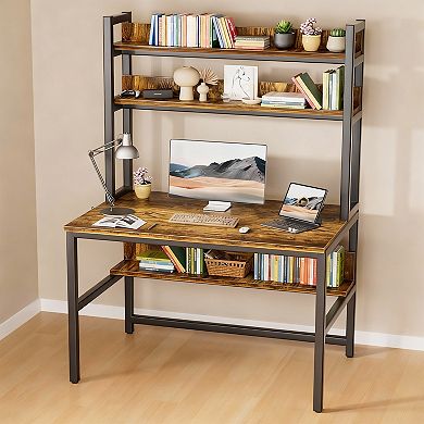 55" Rustic Brown Desk with Hutch, Extra Storage, Easy Assembly