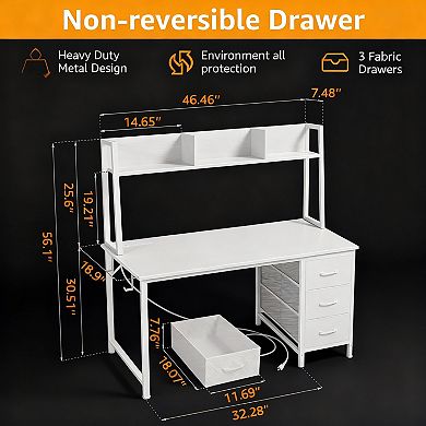 47" Modern Computer Desk Hutch 3 Drawers, Power Outlets, Space-saving
