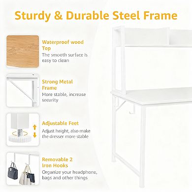 47" Modern Computer Desk Hutch 3 Drawers, Power Outlets, Space-saving