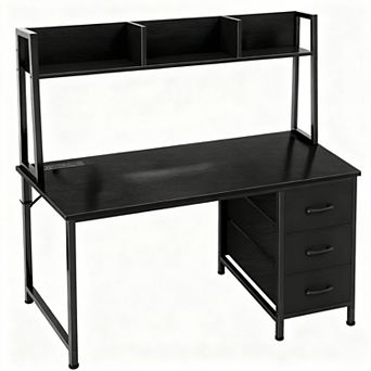 47" Modern Computer Desk Hutch 3 Drawers, Power Outlets, Space-saving