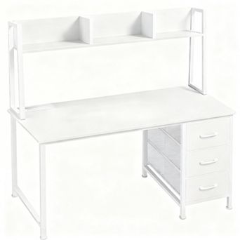 47" Modern Computer Desk Hutch 3 Drawers, Power Outlets, Space-saving