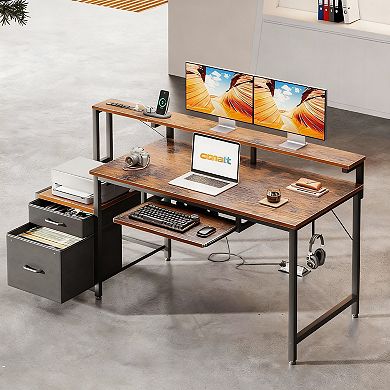 55" Home Office Desk with USB, Power Outlets, Pull-out Tray, File Cabinet, Monitor Stand