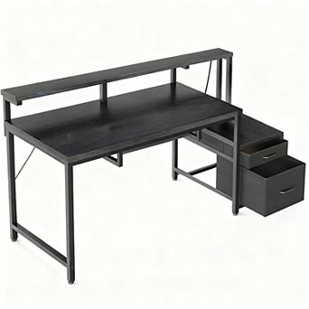 55" Home Office Desk with USB, Power Outlets, Pull-out Tray, File Cabinet, Monitor Stand