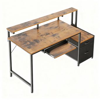 55" Home Office Desk with USB, Power Outlets, Pull-out Tray, File Cabinet, Monitor Stand