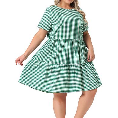 2 Packs Plus Size Gingham Dresses Vintage Plaid Round Neck Short Sleeve Tiered Midi Summer Dress