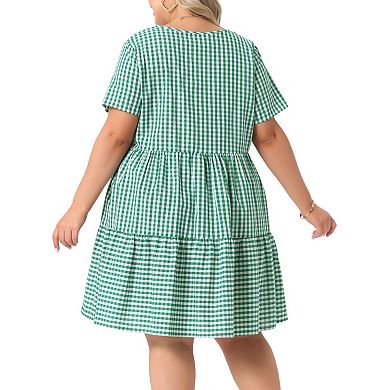 2 Packs Plus Size Gingham Dresses Vintage Plaid Round Neck Short Sleeve Tiered Midi Summer Dress