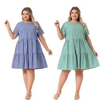 2 Packs Plus Size Gingham Dresses Vintage Plaid Round Neck Short Sleeve Tiered Midi Summer Dress