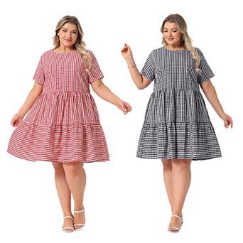2 Packs Plus Size Gingham Dresses Vintage Plaid Round Neck Short Sleeve Tiered Midi Summer Dress