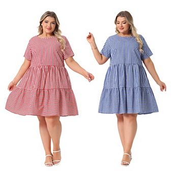 2 Packs Plus Size Gingham Dresses Vintage Plaid Round Neck Short Sleeve Tiered Midi Summer Dress