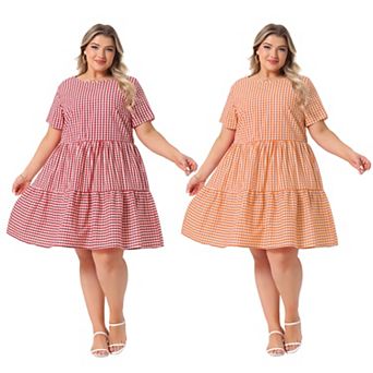 2 Packs Plus Size Gingham Dresses Vintage Plaid Round Neck Short Sleeve Tiered Midi Summer Dress