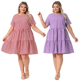 2 Packs Plus Size Gingham Dresses Vintage Plaid Round Neck Short Sleeve Tiered Midi Summer Dress