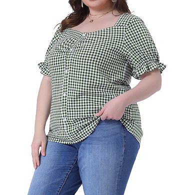 2 Pcs Women's Plus Size Summer Gingham Tops Sweetheart Neck Flounce Sleeve Blouse Top