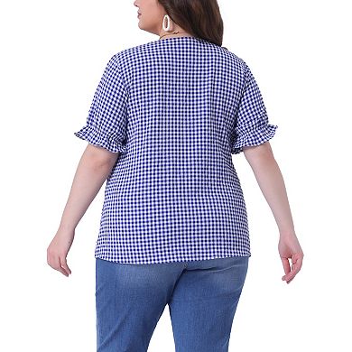 2 Pcs Women's Plus Size Summer Gingham Tops Sweetheart Neck Flounce Sleeve Blouse Top
