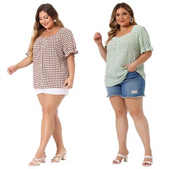 2 pc Women's Plus Size Summer Gingham Tops Sweetheart Neck Flounce Sleeve Blouse Top