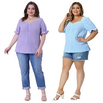 2 pc Women's Plus Size Summer Gingham Tops Sweetheart Neck Flounce Sleeve Blouse Top