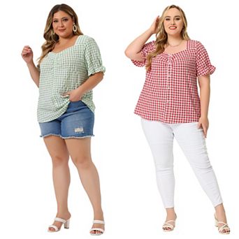 2 pc Women's Plus Size Summer Gingham Tops Sweetheart Neck Flounce Sleeve Blouse Top
