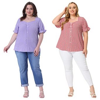 2 pc Women's Plus Size Summer Gingham Tops Sweetheart Neck Flounce Sleeve Blouse Top