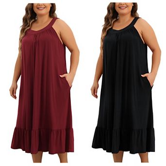 2 Packs Women's Plus Size Sleeveless Nightgown Wide Strap Chemise Pleated Nightdress with Pockets