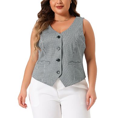 2 Pcs Women's Plus Size Plaid Vintage Waistcoat Vests Sleeveless V Neck with Pockets Jacket