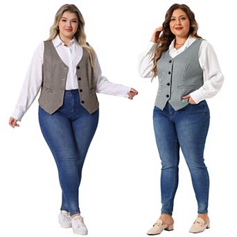 2 pc Women's Plus Size Plaid Vintage Waistcoat Vests Sleeveless V Neck with Pockets Jacket