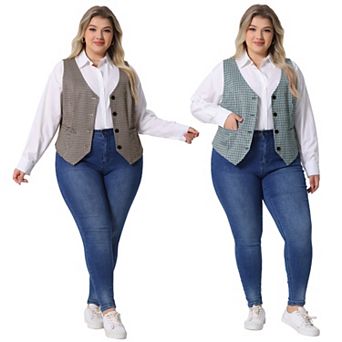 2 pc Women's Plus Size Plaid Vintage Waistcoat Vests Sleeveless V Neck with Pockets Jacket