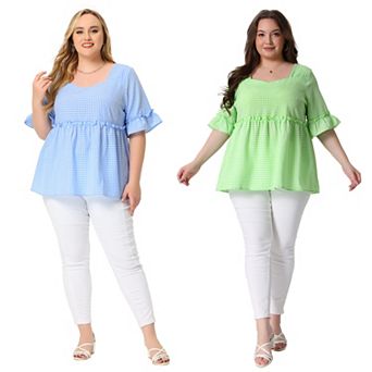 2 pc Women's Plus Size Blouse Short Sleeve Sweetheart Neck Plaid Peplum Top