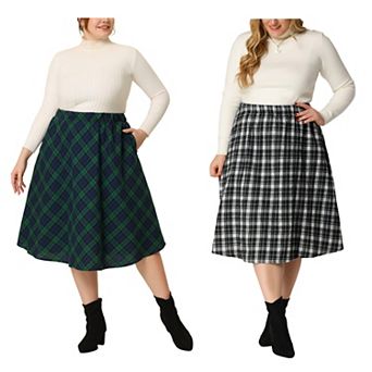 2 pc Women's Plus Size A Line Knee Length Plaid Flare Skirt