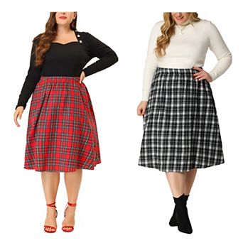 2 pc Women's Plus Size A Line Knee Length Plaid Flare Skirt
