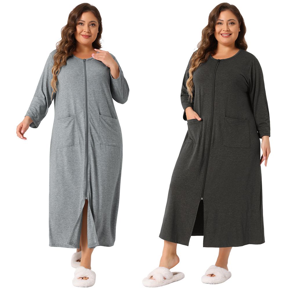 2 Packs Women's Plus Size Sleepwear Zipper Front 3/4 Sleeves Robe ...