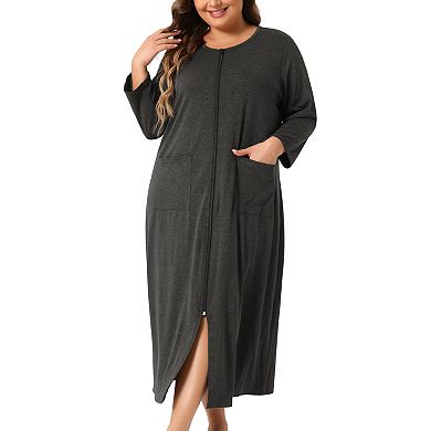 2 Packs Women's Plus Size Sleepwear Zipper Front 3/4 Sleeves Robe Bathrobes Nightgown with Pockets
