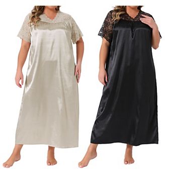 2 Packs Women's Plus Size Silk Nightgown Lace Short Sleeve Chemise V Neck Soft Satin Maxi Sleepwear