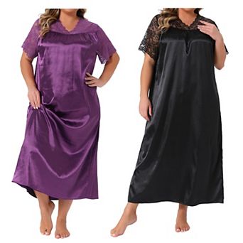 2 Packs Women's Plus Size Silk Nightgown Lace Short Sleeve Chemise V Neck Soft Satin Maxi Sleepwear