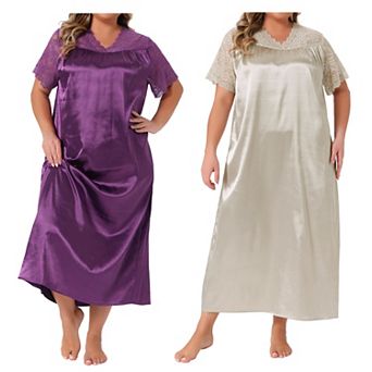 2 Packs Women's Plus Size Silk Nightgown Lace Short Sleeve Chemise V Neck Soft Satin Maxi Sleepwear