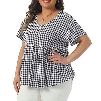 2 Pcs Women's Plus Size Gingham V-Neck Peplum Babydoll Tops with Button Detail