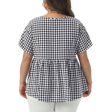 2 Pcs Women's Plus Size Gingham V-Neck Peplum Babydoll Tops with Button Detail