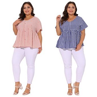 2 pc Women's Plus Size Gingham V-Neck Peplum Babydoll Tops with Button Detail