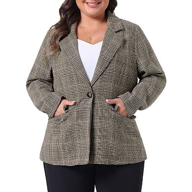 2 Pcs Women's Plus Size Blazer Suit Notch Lapel One Button Work Office Plaid Jacket
