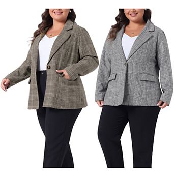 2 pc Women's Plus Size Blazer Suit Notch Lapel One Button Work Office Plaid Jacket