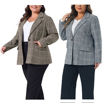 2 pc Women's Plus Size Blazer Suit Notch Lapel One Button Work Office Plaid Jacket