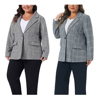 2 pc Women's Plus Size Blazer Suit Notch Lapel One Button Work Office Plaid Jacket