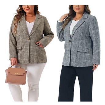 2 pc Women's Plus Size Blazer Suit Notch Lapel One Button Work Office Plaid Jacket
