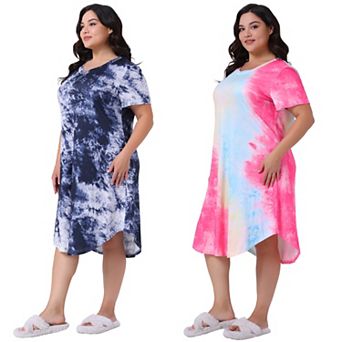 2 Packs Women's Plus Size Nightgowns V Neck Pajamas Soft Sleepwear Tie Dye Short Sleeve Sleepdress
