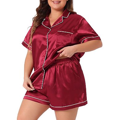2 Sets Women's Plus Size Pajamas Set Short Sleeve Sleepwear Soft Satin Button Down Loungewear Shorts