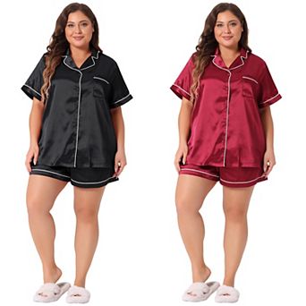 2 Sets Women's Plus Size Pajamas Set Short Sleeve Sleepwear Soft Satin Button Down Loungewear Shorts