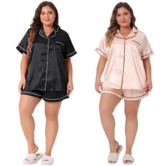 2 Sets Women's Plus Size Pajamas Set Short Sleeve Sleepwear Soft Satin Button Down Loungewear Shorts