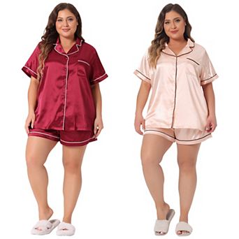 2 Sets Women's Plus Size Pajamas Set Short Sleeve Sleepwear Soft Satin Button Down Loungewear Shorts