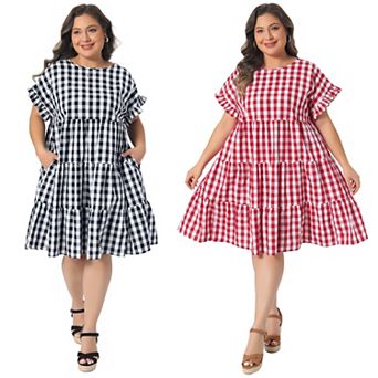 2 Packs Women's Plus Size Dresses Plaid Round Neck Ruffle Sleeve Tiered Babydoll Dress with Pocket