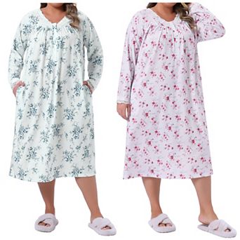 2 Packs Women's Plus Size V Neck Lace Trim Nightgown Floral Long Sleeve Sleepwear Soft Nightdress