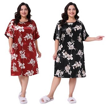 2 Packs Women's Plus Size Nightgown Satin Floral Print Short Sleeve Round Neck Midi Sleepwear